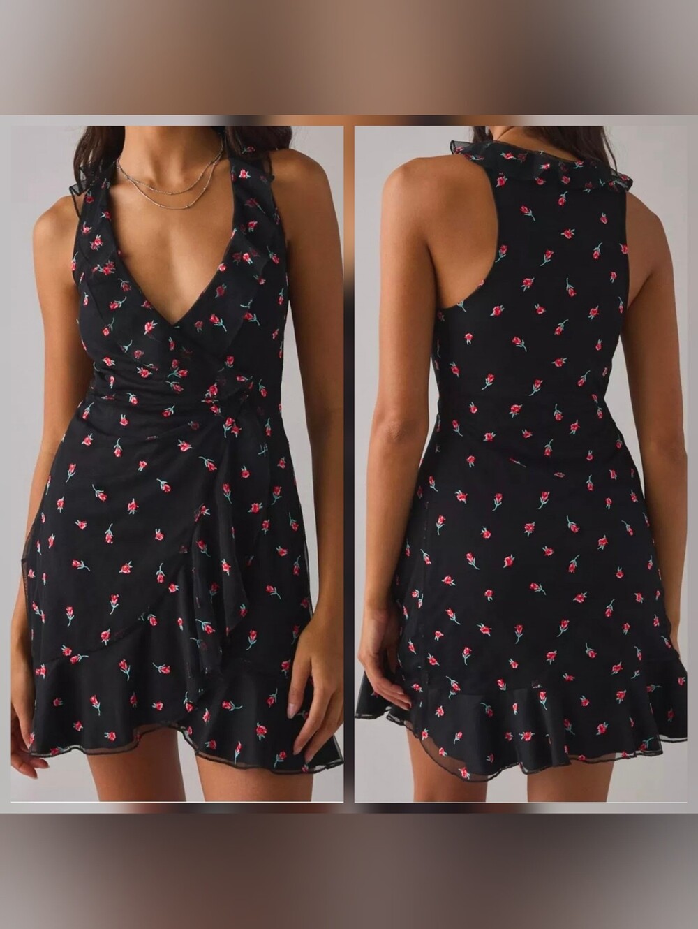 UO Wrapped In You Plunging Ruffle Mesh Mini Dress - Black Multi - Size Medium